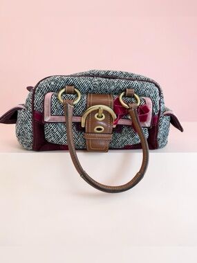 Coach Tweed Satchel with Brown Leather and Burgundy Accents